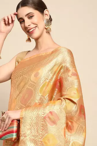 orange ethnic motifs zari organza kanjeevaram saree
