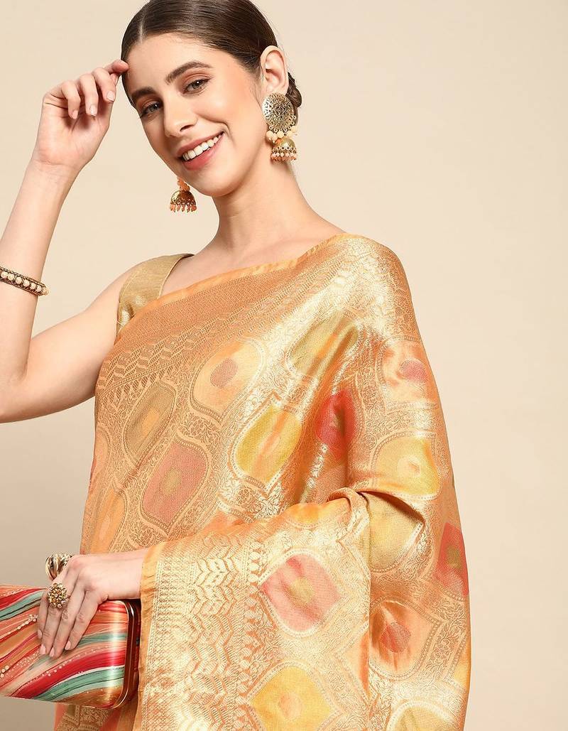 orange ethnic motifs zari organza kanjeevaram saree