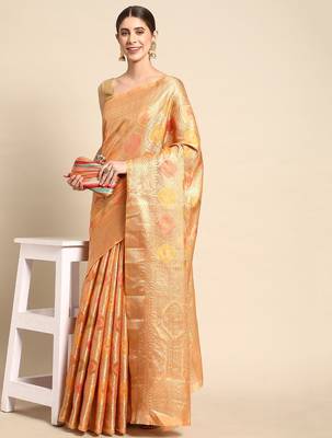 orange ethnic motifs zari organza kanjeevaram saree 2