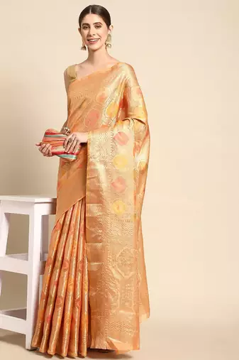 orange ethnic motifs zari organza kanjeevaram saree