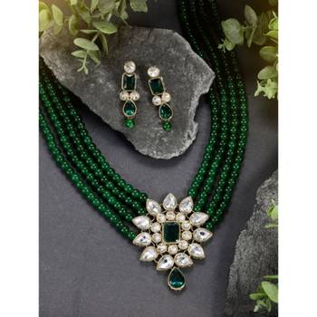 gold-plated green kundan pearl long necklace earring jewellery set 1