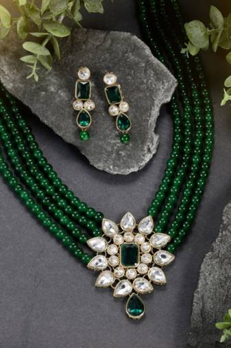 gold-plated green kundan pearl long necklace earring jewellery set