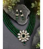 gold-plated green kundan pearl long necklace earring jewellery set