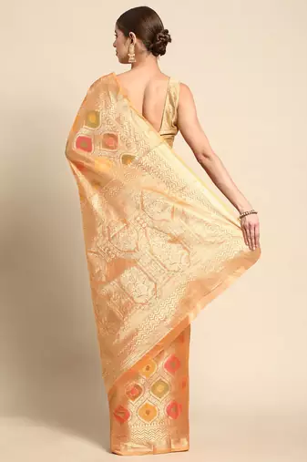 orange ethnic motifs zari organza kanjeevaram saree