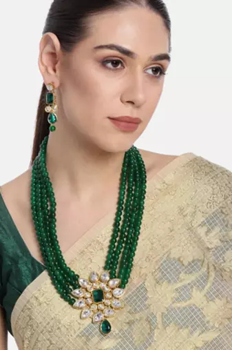 gold-plated green kundan pearl long necklace earring jewellery set