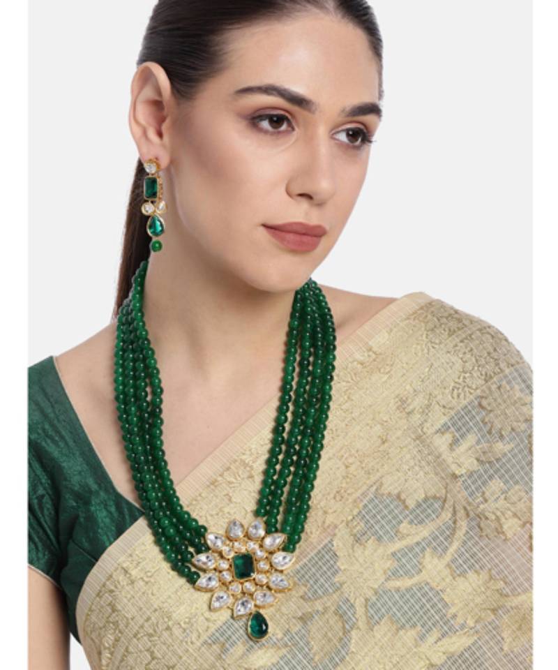 gold-plated green kundan pearl long necklace earring jewellery set