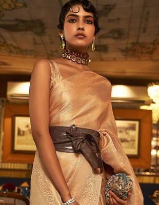 cream cream-coloured & gold-toned ethnic motifs zari banarasi saree 2