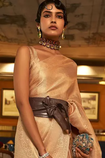 cream cream-coloured & gold-toned ethnic motifs zari banarasi saree