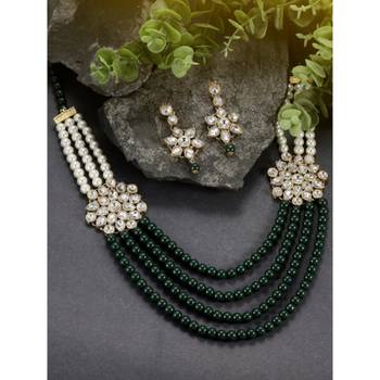 green & white gold-plated kundan long necklace earring jewellery set 1