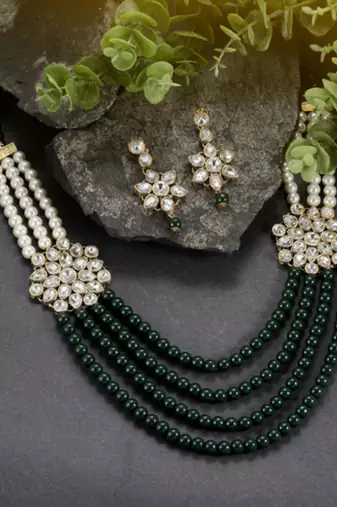 green & white gold-plated kundan long necklace earring jewellery set