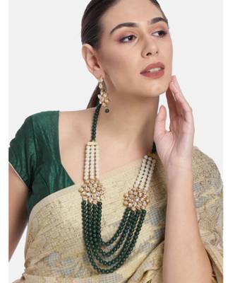 green & white gold-plated kundan long necklace earring jewellery set 2