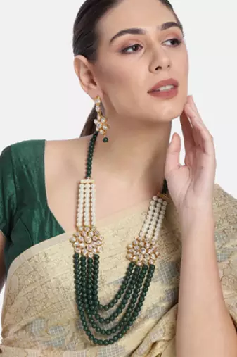 green & white gold-plated kundan long necklace earring jewellery set