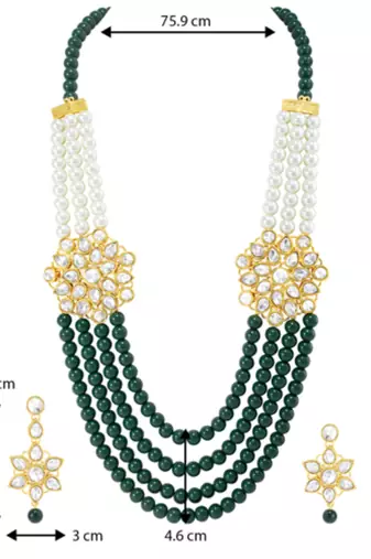 green & white gold-plated kundan long necklace earring jewellery set