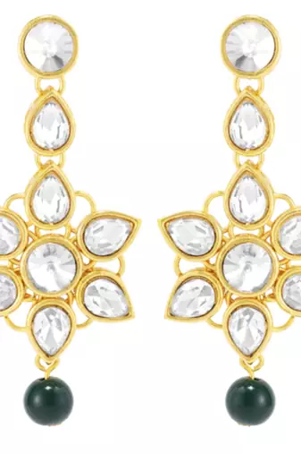 green & white gold-plated kundan long necklace earring jewellery set
