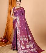 purple ethnic motifs woven design zari banarasi saree