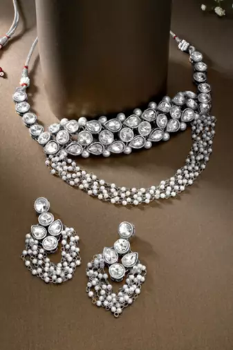 silver-plated crystal-studded jewellery set