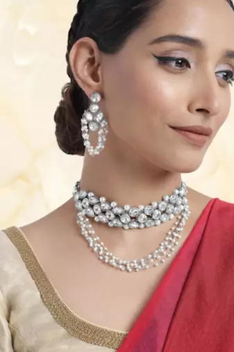 silver-plated crystal-studded jewellery set