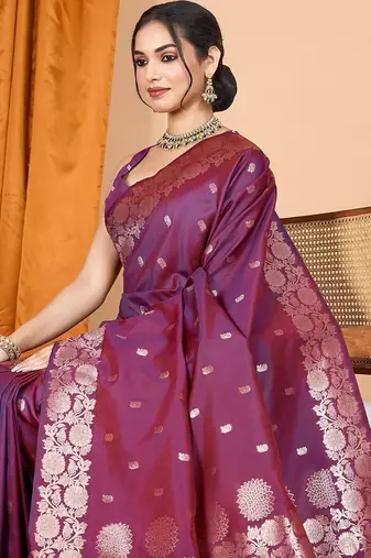 purple ethnic motifs woven design zari banarasi saree