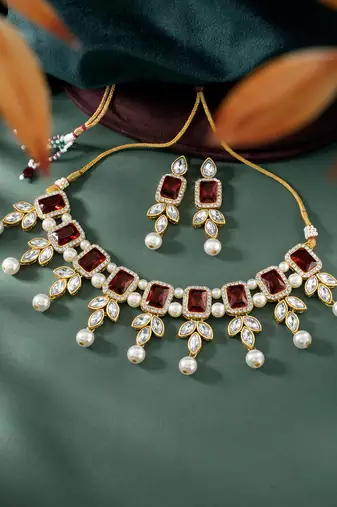 women gold-plated kundan studded necklace with earrings