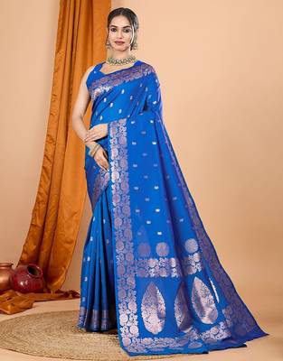 blue ethnic motifs zari silk blend banarasi saree 1