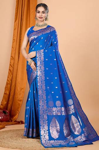 blue ethnic motifs zari silk blend banarasi saree