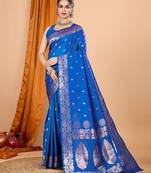 blue ethnic motifs zari silk blend banarasi saree