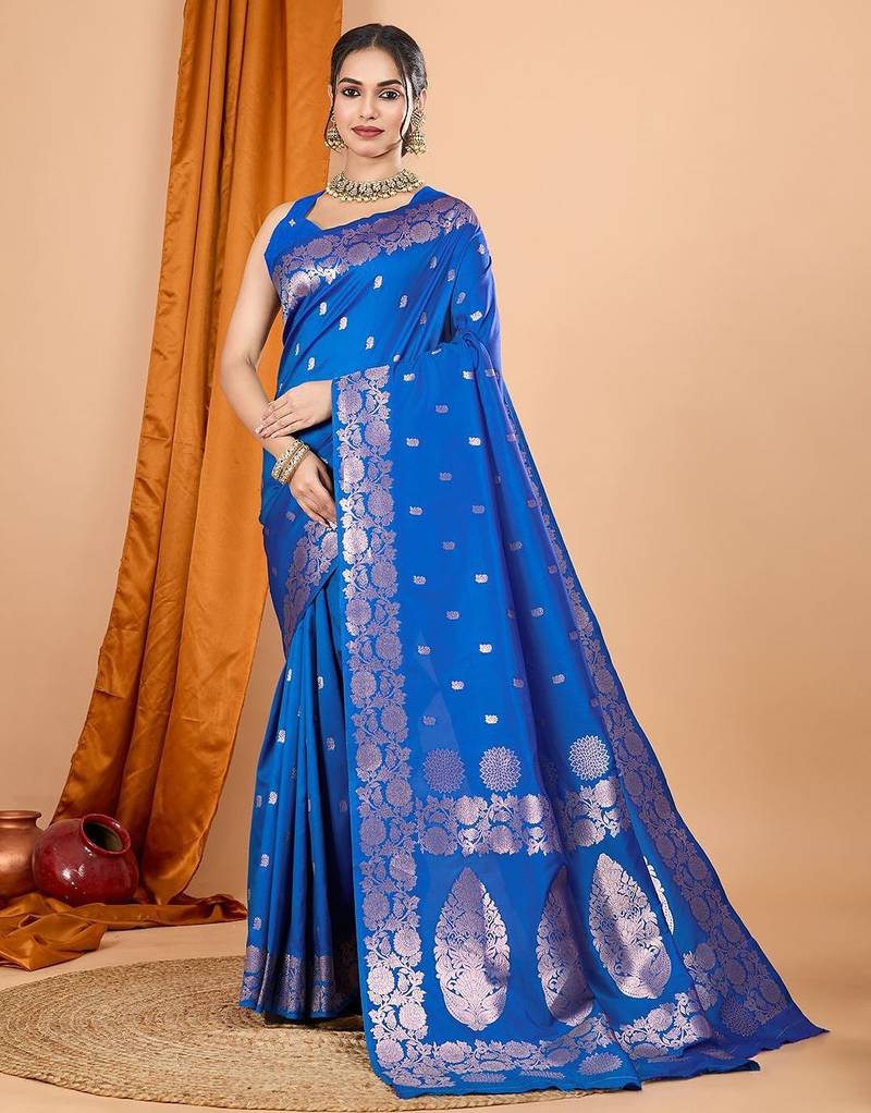 blue ethnic motifs zari silk blend banarasi saree