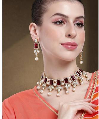 women gold-plated kundan studded necklace with earrings 2