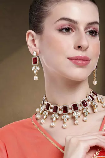women gold-plated kundan studded necklace with earrings
