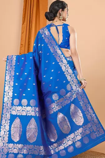 blue ethnic motifs zari silk blend banarasi saree