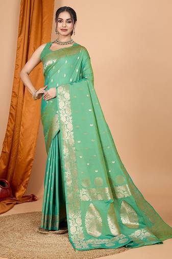 green ethnic motifs woven design zari banarasi saree