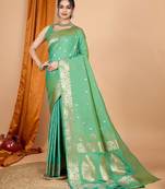 green ethnic motifs woven design zari banarasi saree