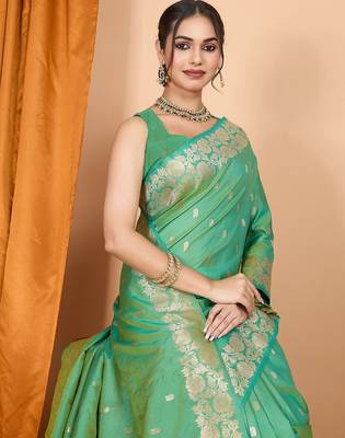 green ethnic motifs woven design zari banarasi saree 5