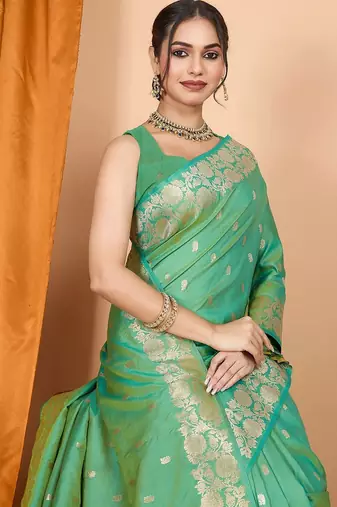 green ethnic motifs woven design zari banarasi saree