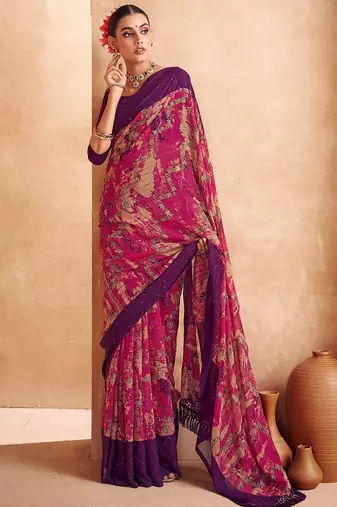 pink abstract printed sequinned saree