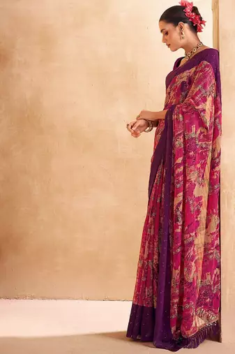 pink abstract printed sequinned saree