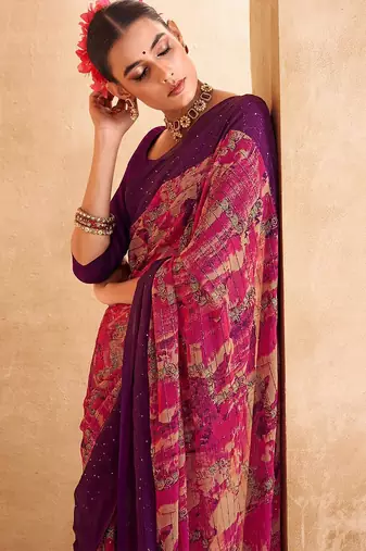 pink abstract printed sequinned saree