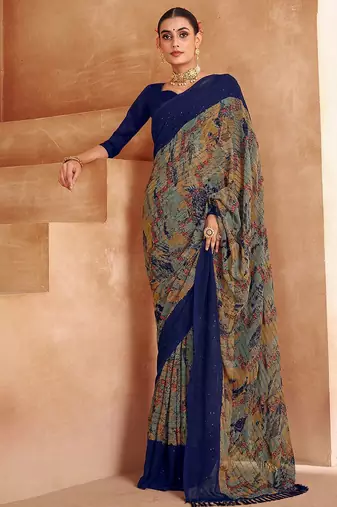 blue abstract printed sequinned saree