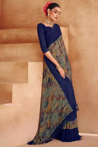 blue abstract printed sequinned saree