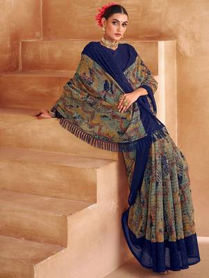 blue abstract printed sequinned saree 3
