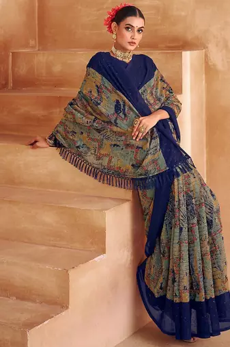 blue abstract printed sequinned saree