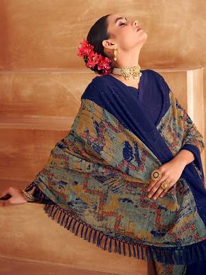 blue abstract printed sequinned saree 4