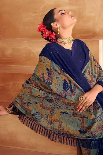 blue abstract printed sequinned saree