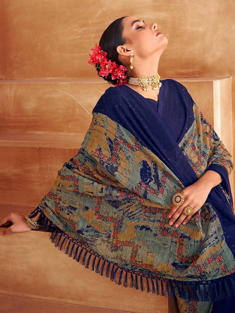 blue abstract printed sequinned saree