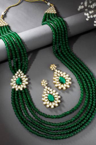 gold-plated kundan pearl multi layer necklace & earrings jewellery set