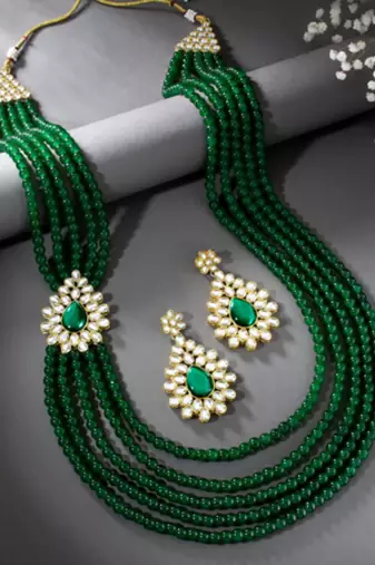 gold-plated kundan pearl multi layer necklace & earrings jewellery set