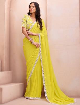 yellow embroidered saree with blouse piece 1