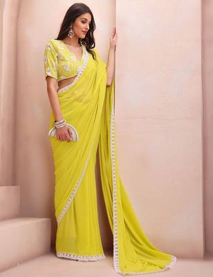 yellow embroidered saree with blouse piece 2