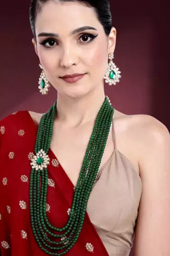 gold-plated kundan pearl multi layer necklace & earrings jewellery set
