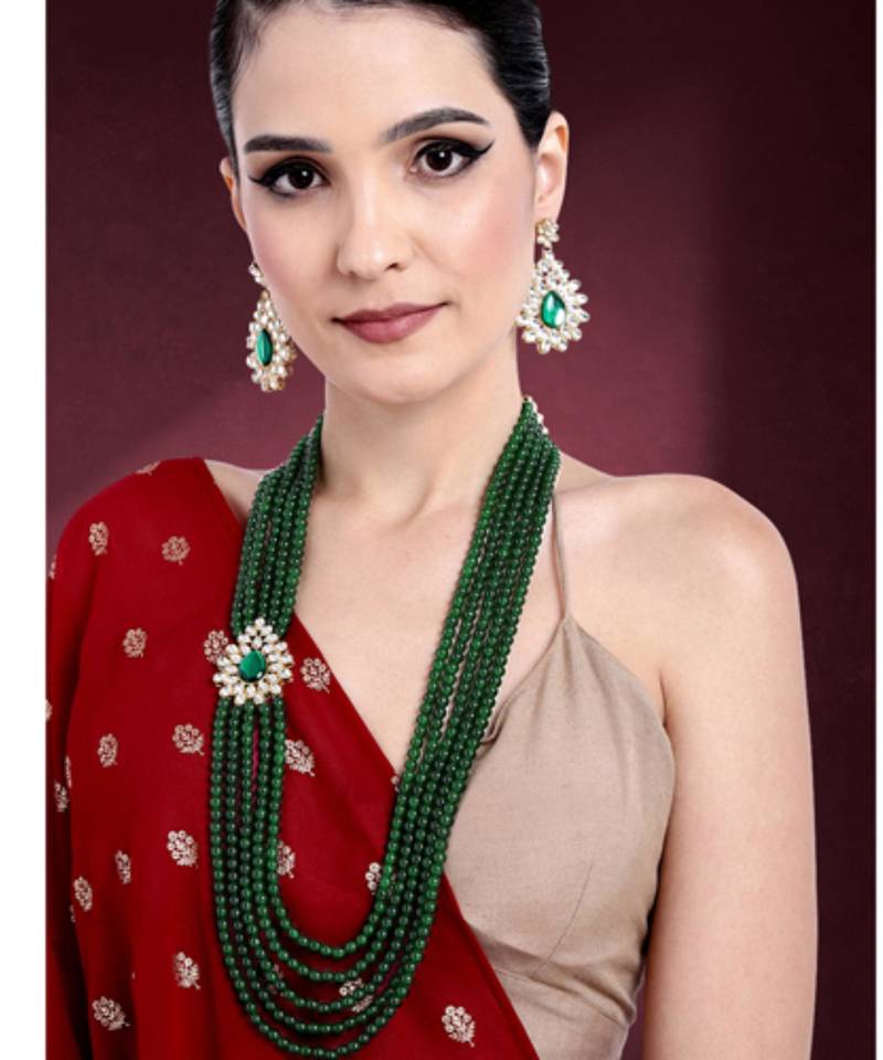 gold-plated kundan pearl multi layer necklace & earrings jewellery set
